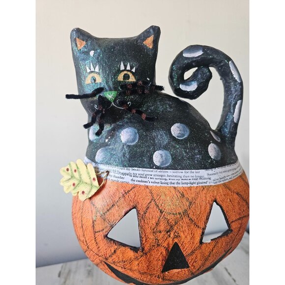Halloween shabby chic cat pumpkin face mask hanging unique paper mache decor - Picture 3 of 11